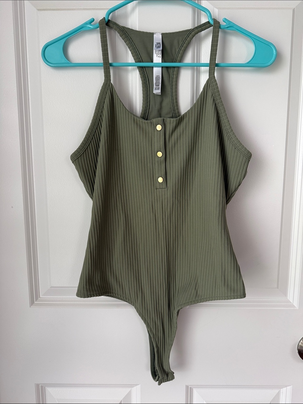 VS Sport Ribbed Olive Green Tank Bodysuit with Gold Buttons